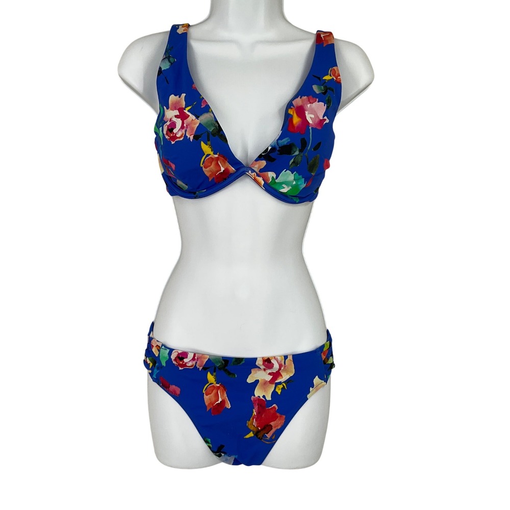 Athleta Bikini‎ Set Women 32D/DD M Blue Floral Nylon Underwire Swimsuit 2 Piece